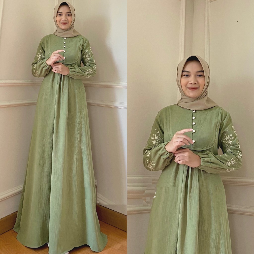 Dres Dress Dewasa Fitri Bordir Hijau Sage Jumbo Premium Original Branded 2024 LD 110 120 130 140