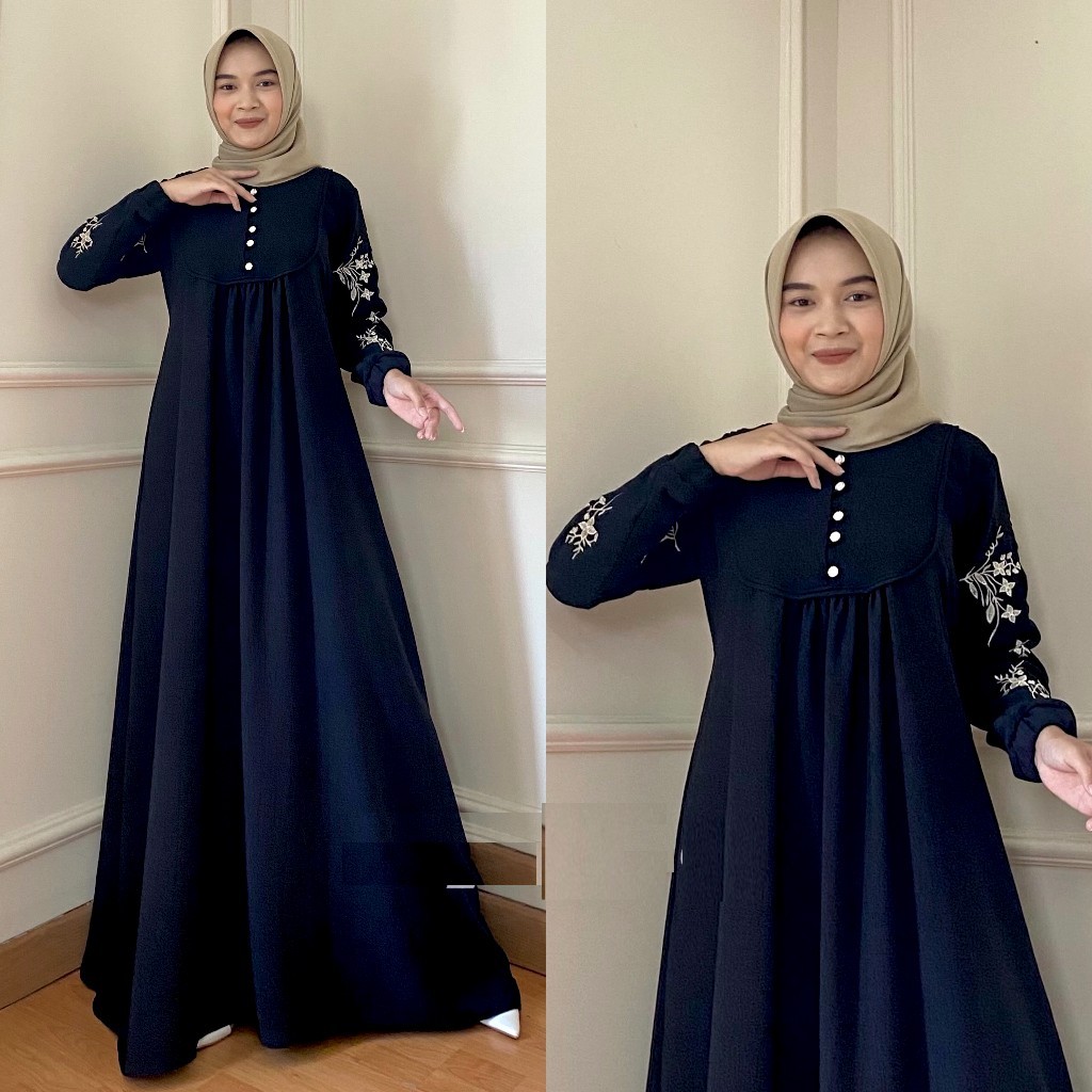 Dres Gamis Formal Fitri Bordir Warna Hitam Simpel Jumbo Premium Original Branded 2024 LD 110 120 130