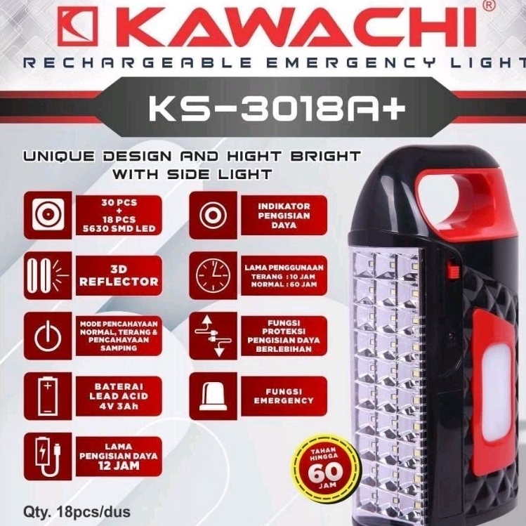 Lampu Senter Emergency Portable Kawachi KZ-3018A+ Daya Tahan 60 Jam