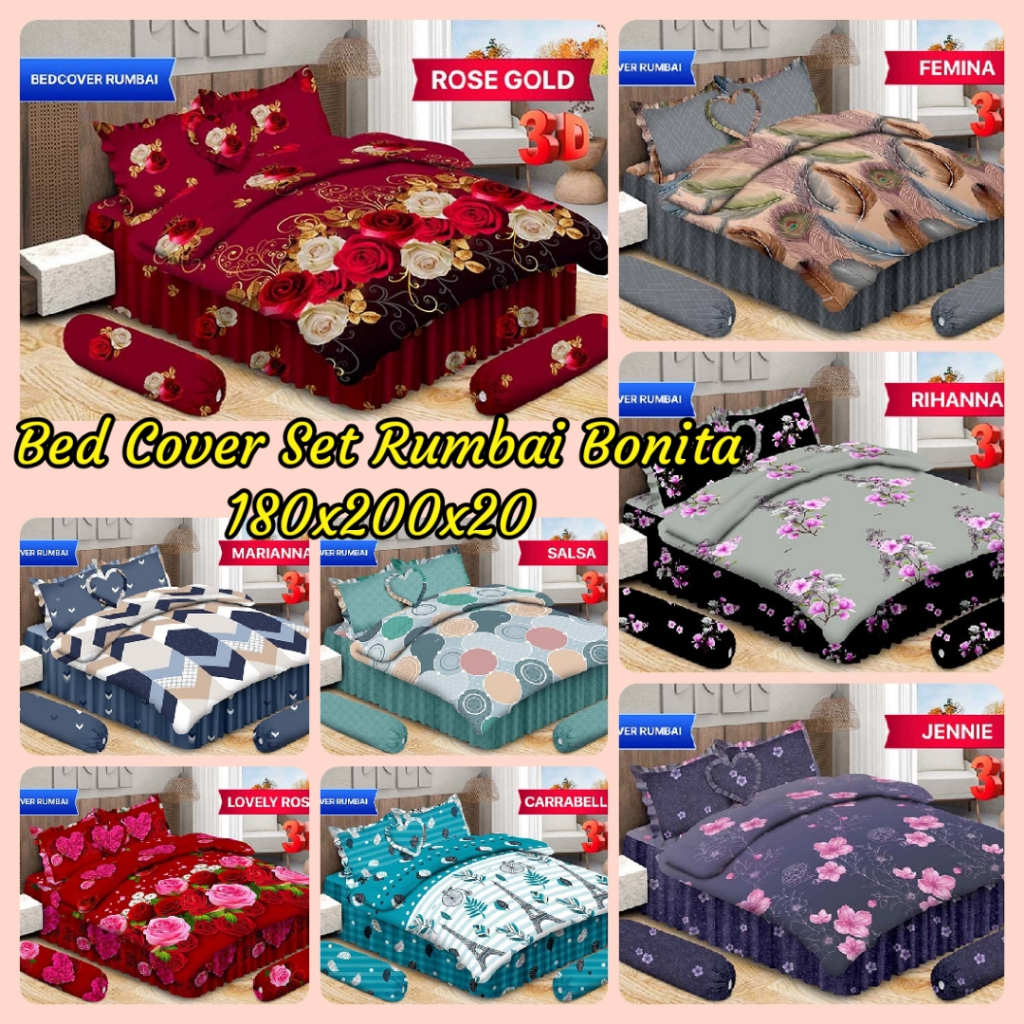 Bed Cover Rumbai Bonita 180x200 King No 1 / 6 Kaki - Motif Terbaru Kembang BUnga Dewasa Bedcover 180