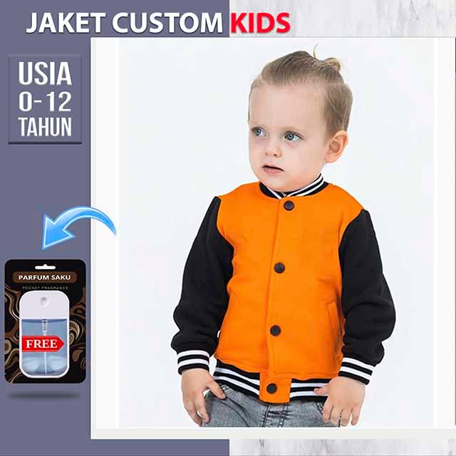 JAKET VARSITY ANAK POLOS (ORANYE HITAM) JACKET KIDS BASEBALL CUSTOM