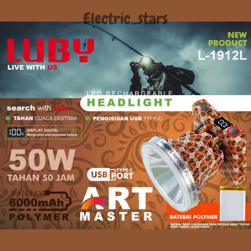Luby Headlamp / Senter Kepala 50 Watt Cahaya Putih L-1912L