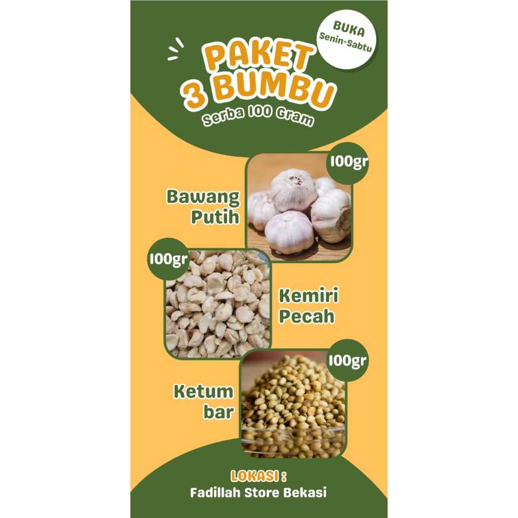 

PAKET MURAH BUMBU BAWANG PUTIH,KEMIRI PECAH,KETUMBAR 100 GRAM