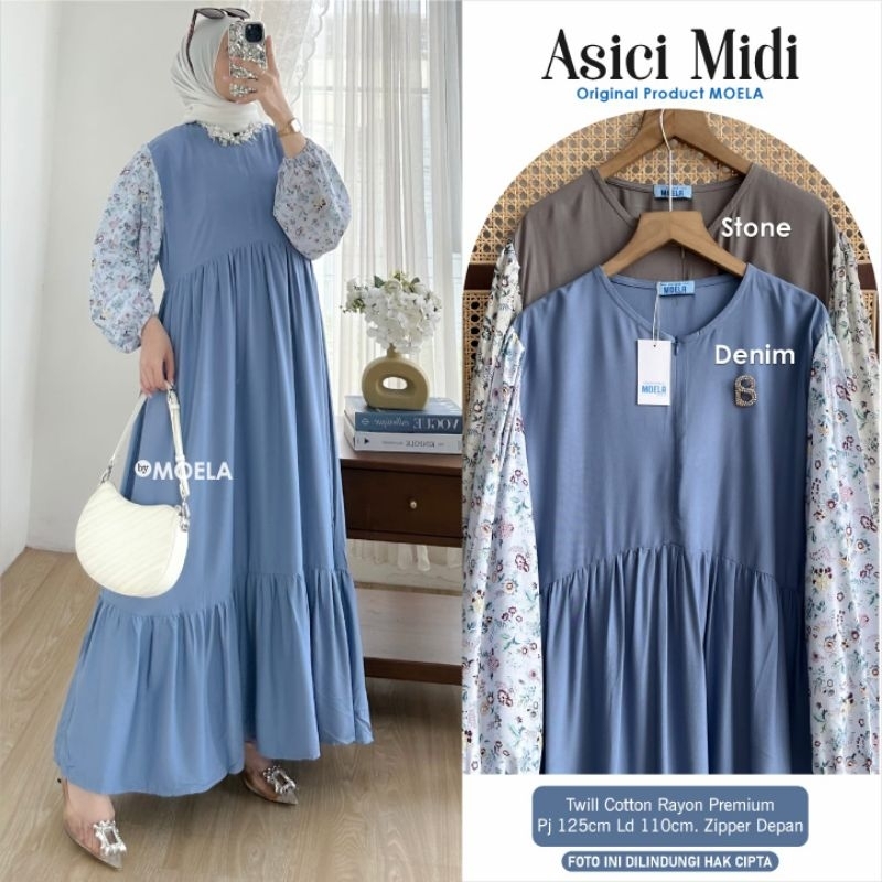 Asici Midi By Moela - Midi Dress Kombinasi Rayon Premium XL Ld110 Zipper Depan Best Seller
