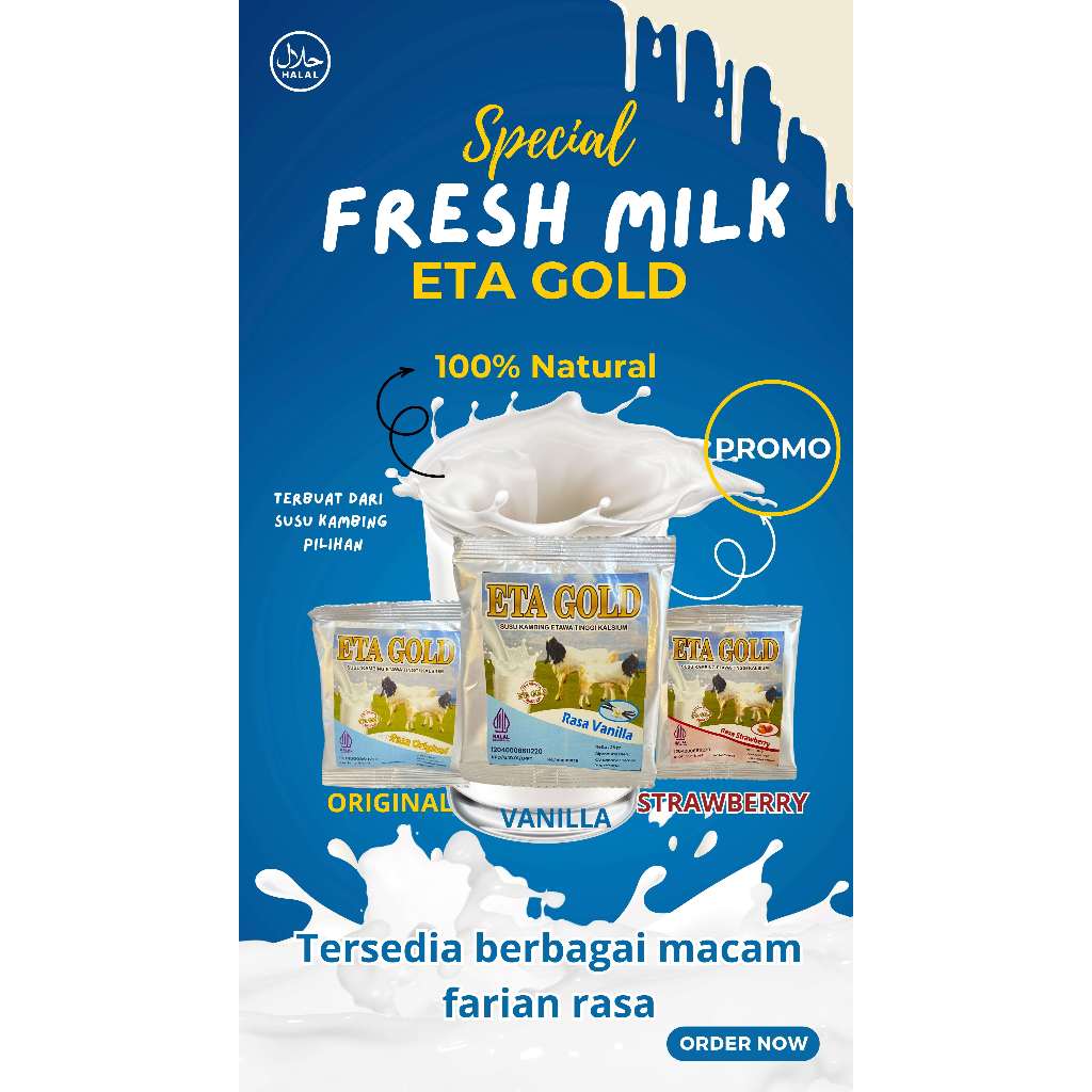 

SUSU ETA GOLD, SUSU KAMBING ETAWA, SUSU KAMBING ETA GOLD, SUSU KAMBING ETAWA FRESH, SUSU BERKHASIAT, SUSU SACHET, SUSU KAMBING KHASIAT TINGGI, SUSU KESEHATAN MURAH, Eta Gold Rasa Original, Strawberry, Vanilla