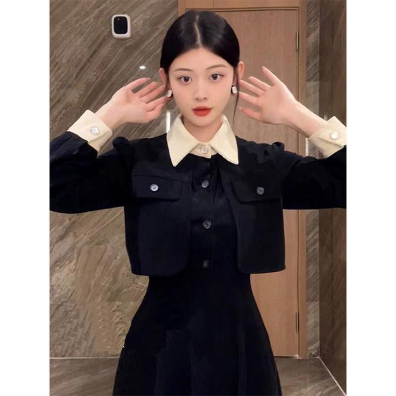 Korduroi gaun kerah boneka Prancis besar wanita 2023 rok retro tipis dua potong palsu dua potong yan