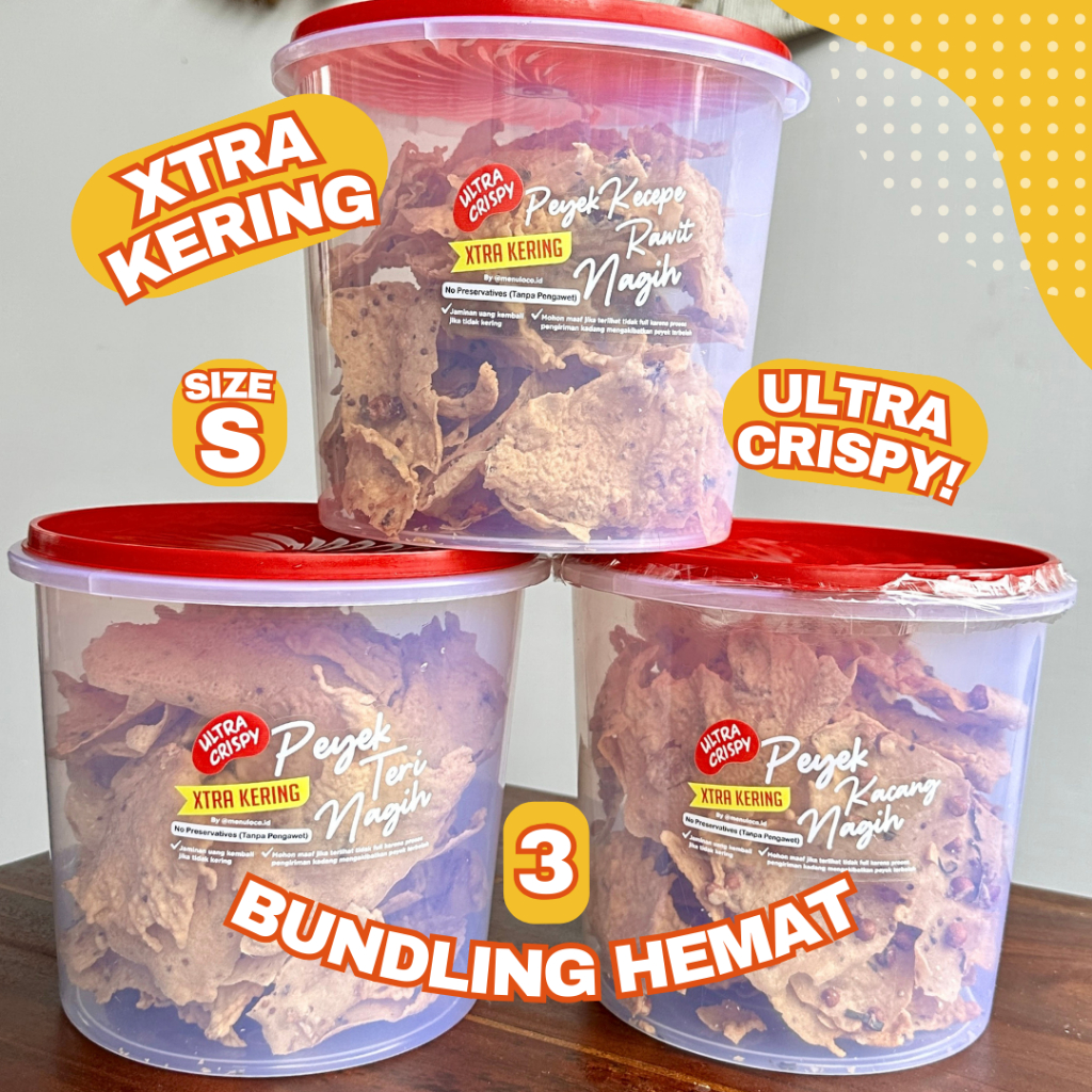 

BUNDLE isi 3 TONG Peyek kacang/teri/kecepe rawit Nagih @menuloco.id size S (pengiriman dalam kota)