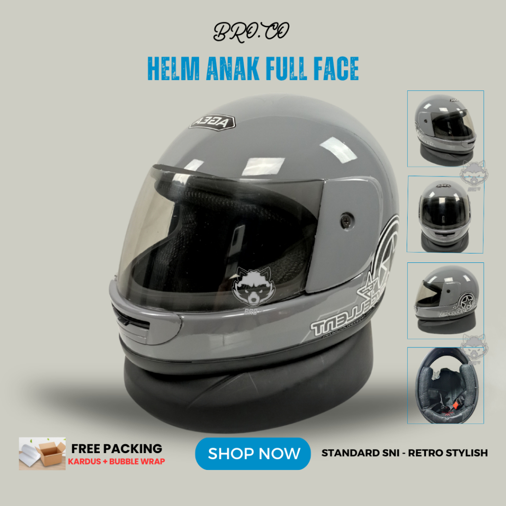HELM FULL FACE ANAK ANAK KLASIK JUNIOR PREMIUM STANDARD SNI MODERN GREY EXCELLENT BROKIDS BRO.CO UNT
