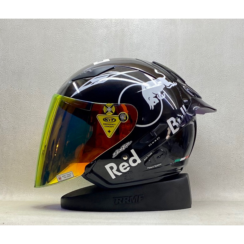 KYT Galaxy Flat R Solid Black Glossy || Paket Stiker Redbull Putih Visor Iridium - Helm Half Face Do