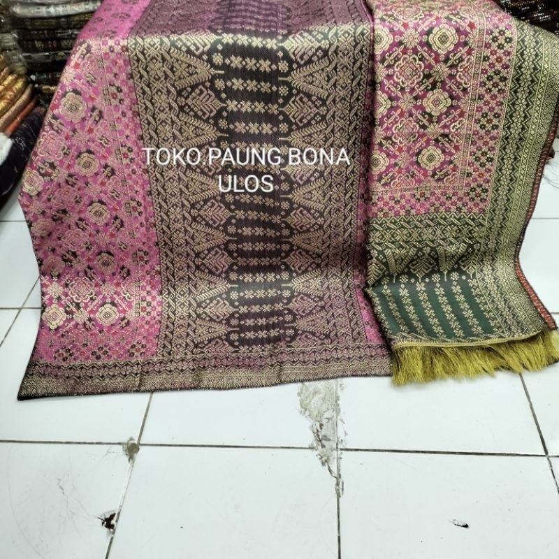 SONGKET PALEMBANG MOTIF LIMAR MESIN WARNA PINK TUMPAL HIJAU