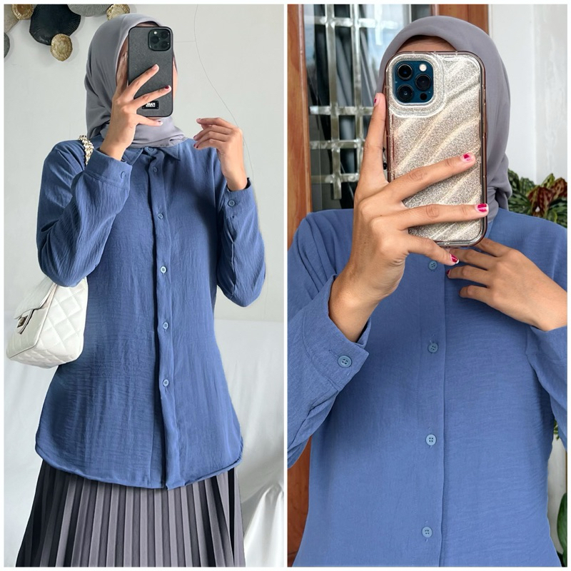KEMEJA BASIC CRINCLE by ZALFA OUTFIT / Baju Atasan Wanita muslim Kemeja kerja kuliah basic polos Air