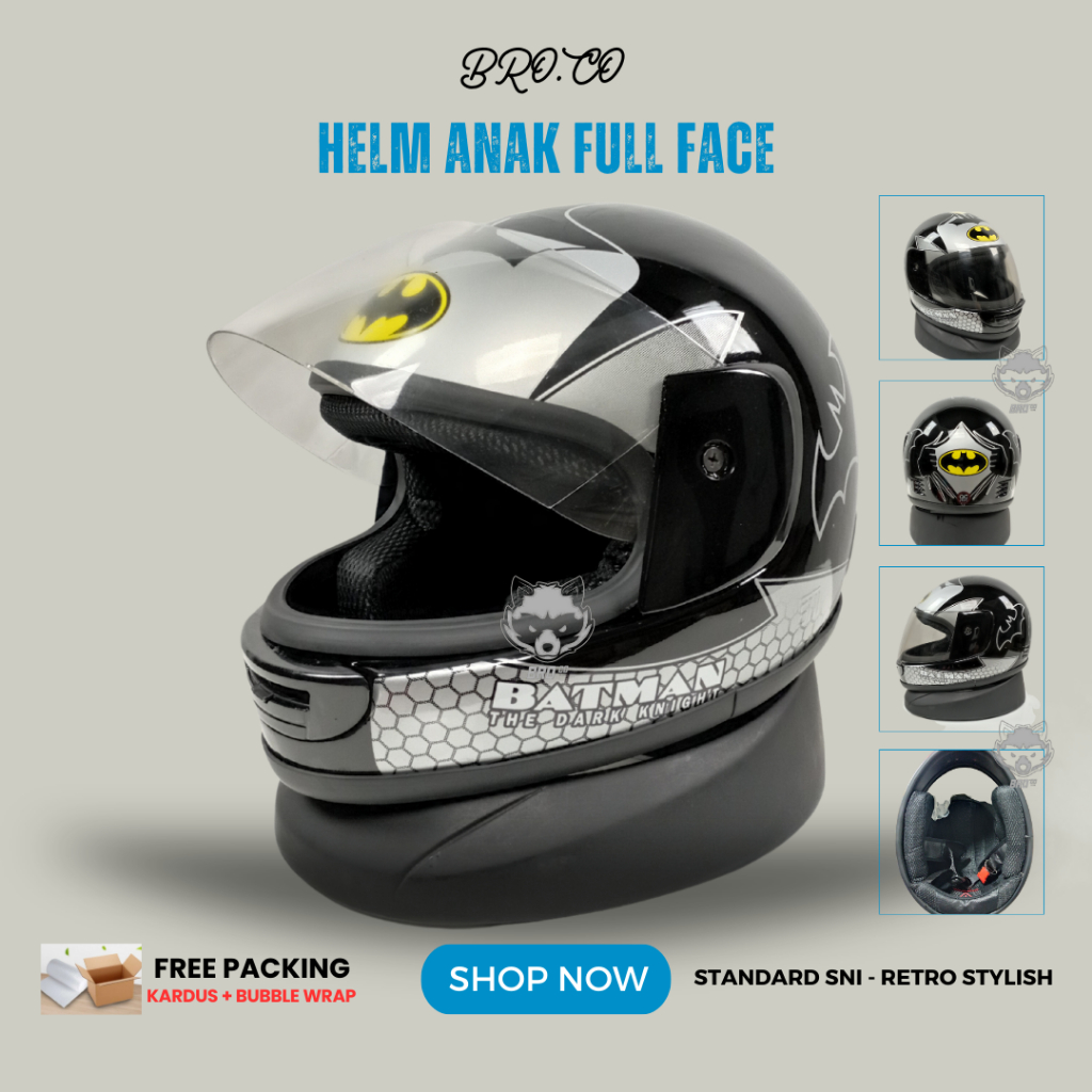 HELM FULL FACE ANAK ANAK KLASIK JUNIOR PREMIUM STANDARD SNI BATMAN HITAM GLOSSY BROKIDS BRO.CO UNTUK