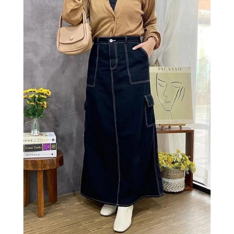 ROK JEANS HITAM/PUTIH //Rok Jeans Span Panjang Gisca Kancing Depan Murah//ROK WANITA MURAH