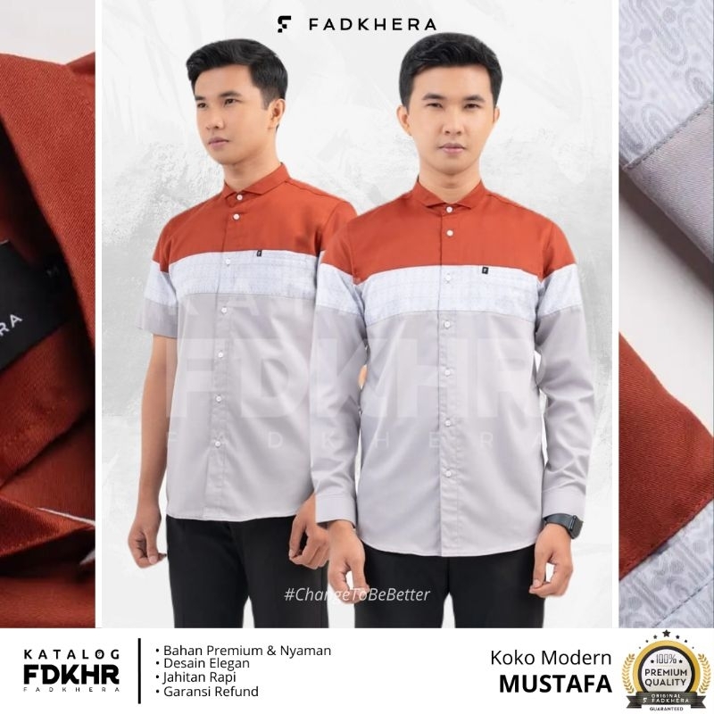 Baju Koko Fadkhera Mustafa kemeja pria putih kombinasi terakota katun jepang premium