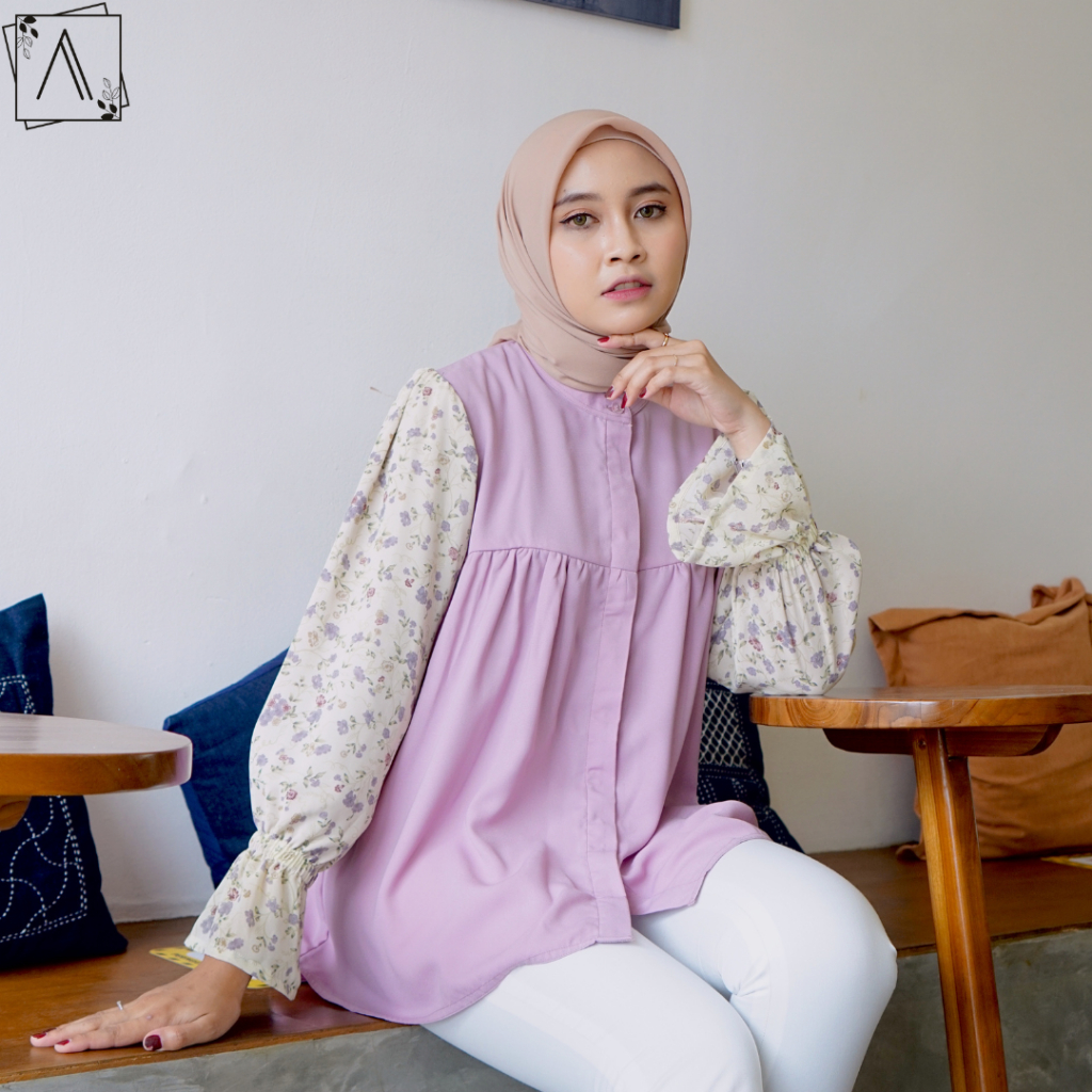 Blouse Wanita Korean Style VALE Blouse Tangan Balon Motif Bunga Premium