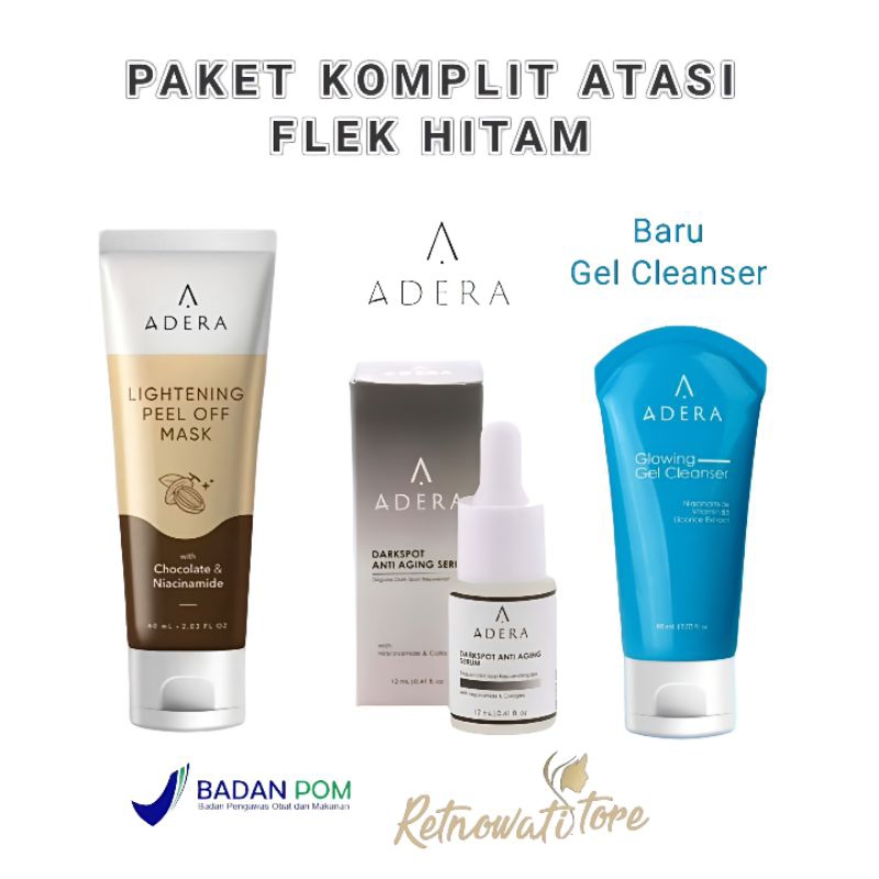 Adera 1 Paket Komplit Masker & Serum Penghilang Flek + Gel Cleanser Samarkan Noda Hitam Wajah Nampak