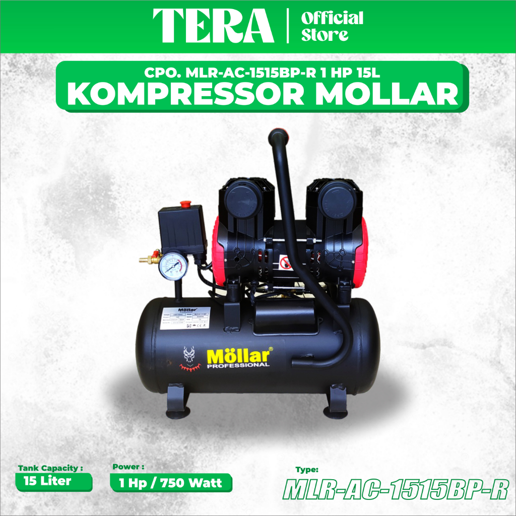 Mollar Mesin Kompresor Compressor Angin 15L MLR-AC1515BPR Silent Oilless Compressor Oilles 1HP AC151