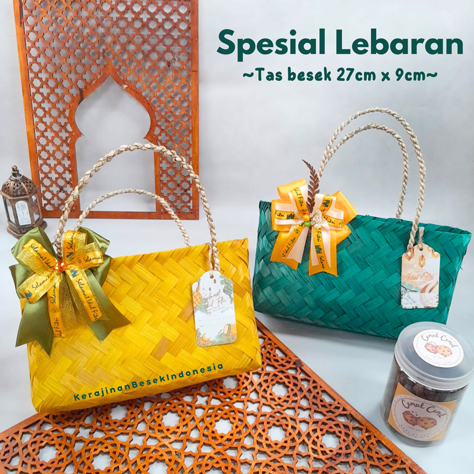 

GOODIE BAG SPESIAL LEBARAN 2025 FREE HANG TAG Tas besek 27cm x 9cm x 15cm warna pita idul fitri Parsel toples kue kering oleh oleh haji