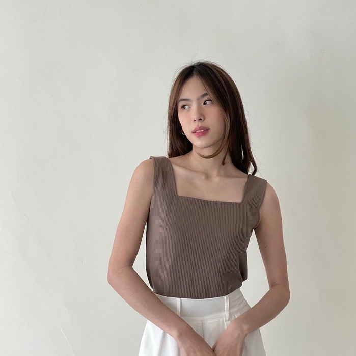 Murah  Grosir_Solo Ii Halter Rib Tanktop Polos / Kaos Tengtop Square Wanita