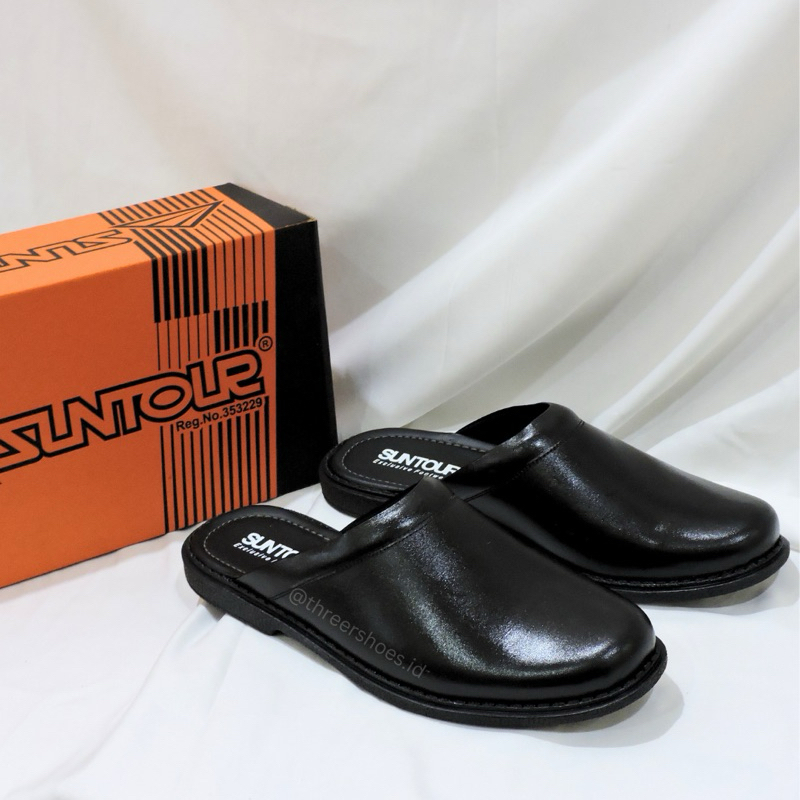 Sepatu Sandal Kulit Slip on / Slop Bapak Merek Suntour SK 401 Hitam Original 100%