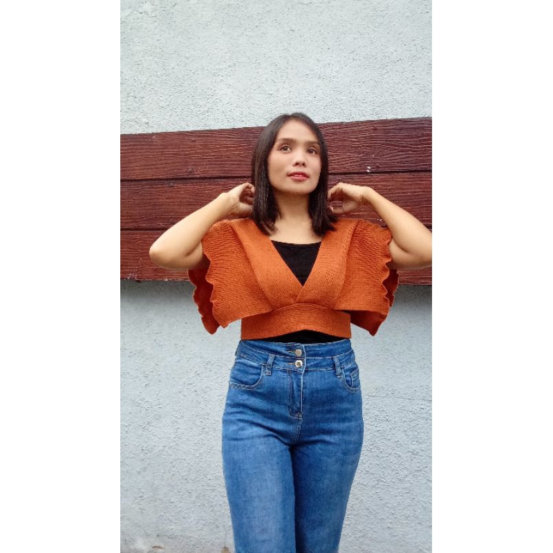 RiSif. Atasan crop outer rompi rajut wanita/vest knit ruffle pinay