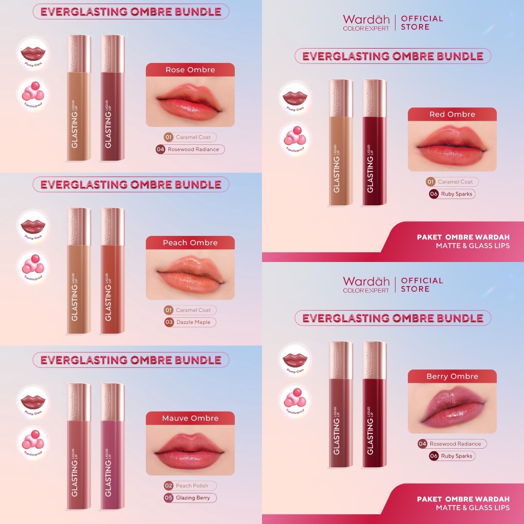 WARDAH Glasting Liquid Lip Ombre Package Indonesia / Paket Lip Glasting 3.5g / Everglasting Shine / Hi Pigmented Glass Color / Ringan / Gloss / Rose Peach Mauve Red Berry / Bibir Glowing / Set Bundle / Lipstick Lipstik Nude / Cosmetic Lips Makeup Series