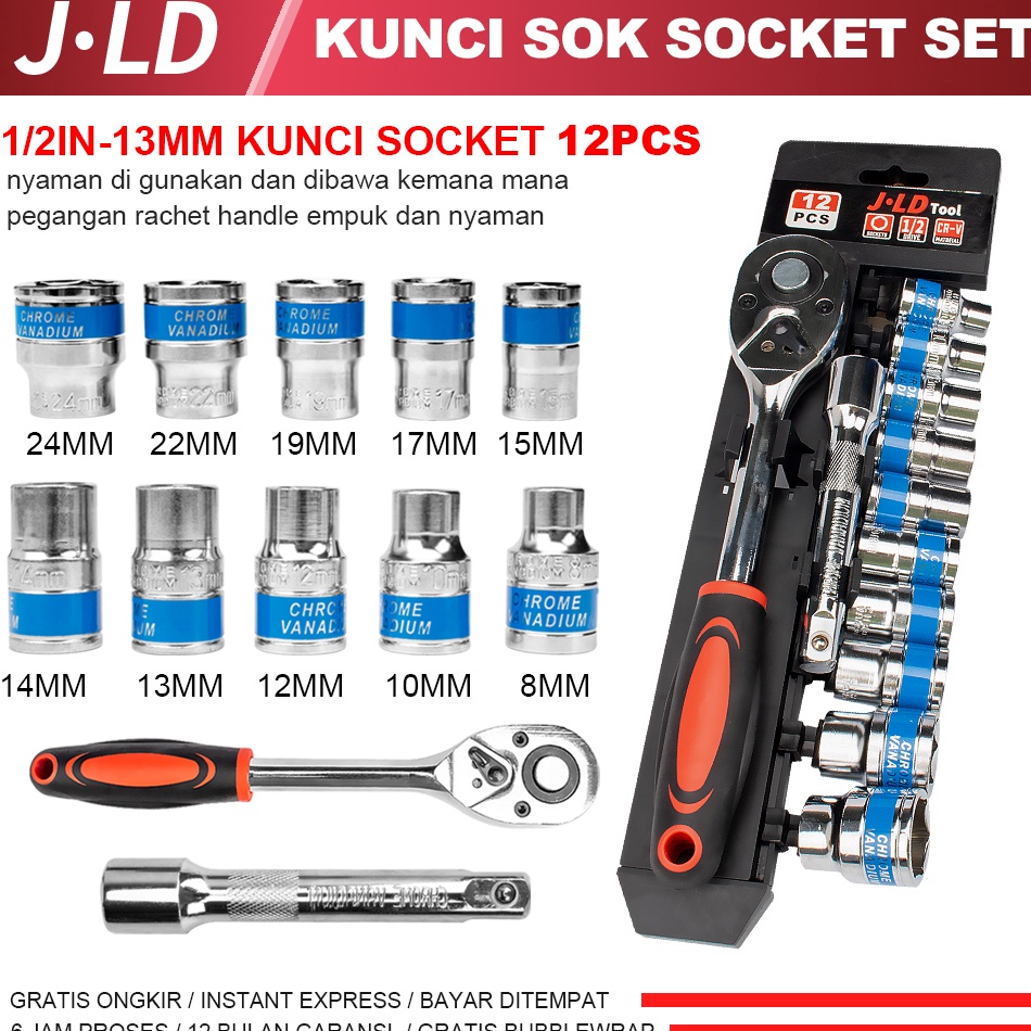 JLD 12in Kunci Set Socket Sok CRV 12pcs Kunci Sok Wrench Rachet alat perkakas lengkap motor Rachet H