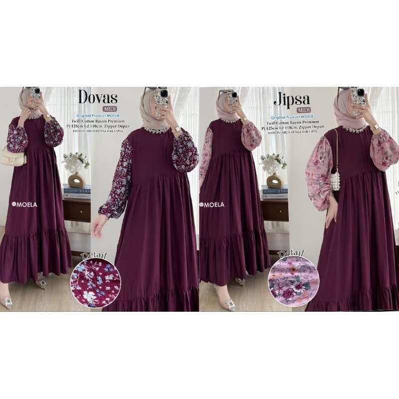 Midi Dress Kombinasi By Moela - Midi Dress Kombinasi Motif Dan Polos Rayon XL Ld110 Best Seller