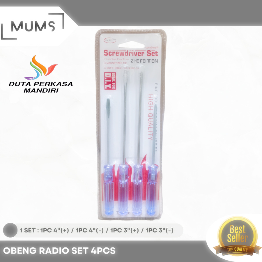 Obeng Radio Set 4 Pcs Plus Minus 4" 3" Inch x 3mm Reparasi Screwdriver Tools Kit Obeng Serbaguna Mul