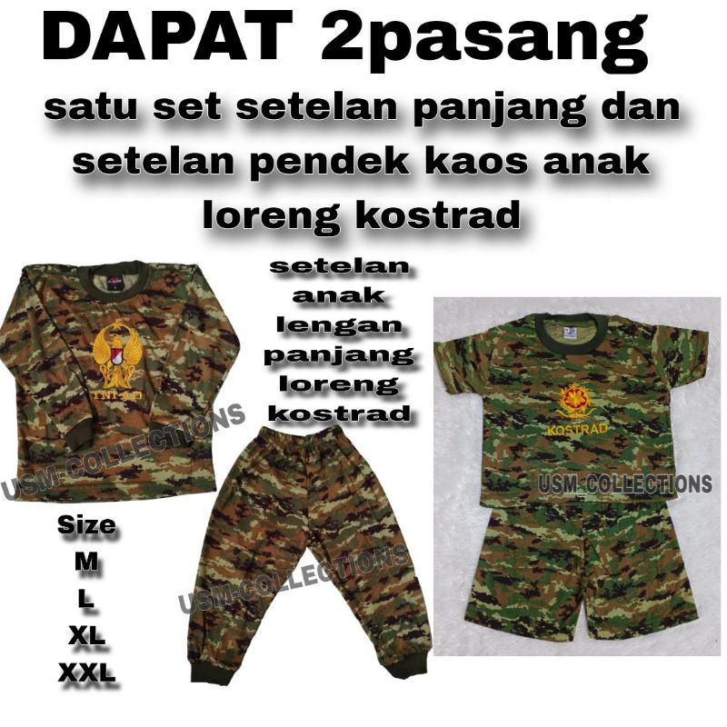 setelan kaos anak loreng 2pcs setelan panjang dan pendek loreng kostrad army kids unisex outdoor