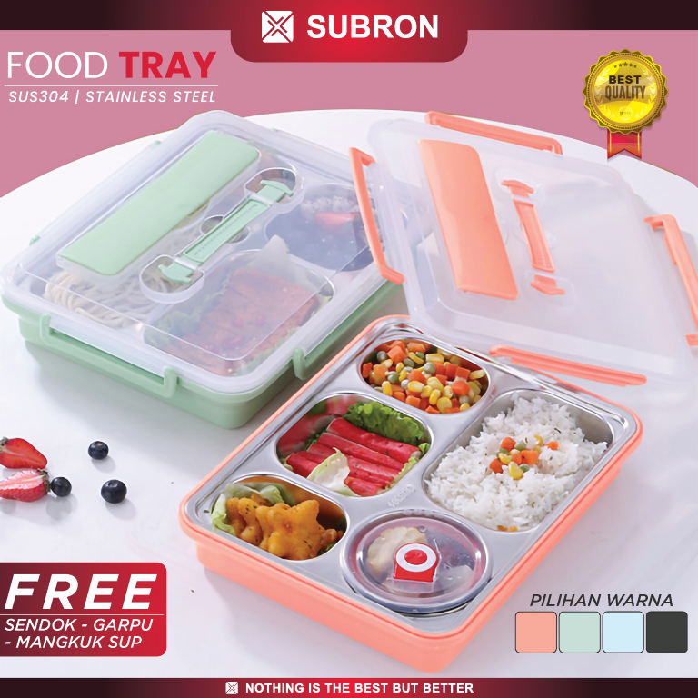 SUBRON SUS 304 Food Tray Lunch Box Kotak Bekal Catering 5 Sekat Wadah Mangkuk Sayur Dengan Sendok Ga