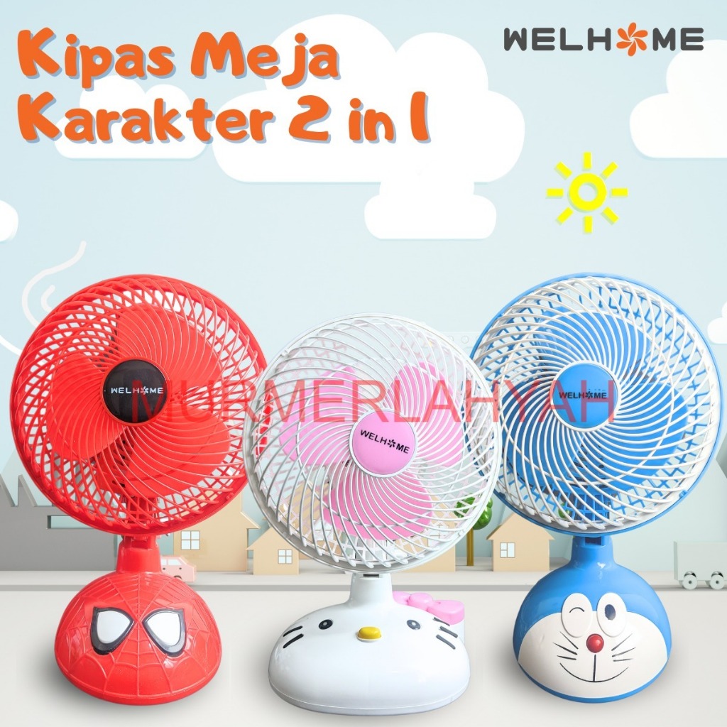 Kipas Angin Karakter 2 in 1 Welhome  / Kipas Karakter Welhome 10inch Meja & Dinding / Kipas Lucu