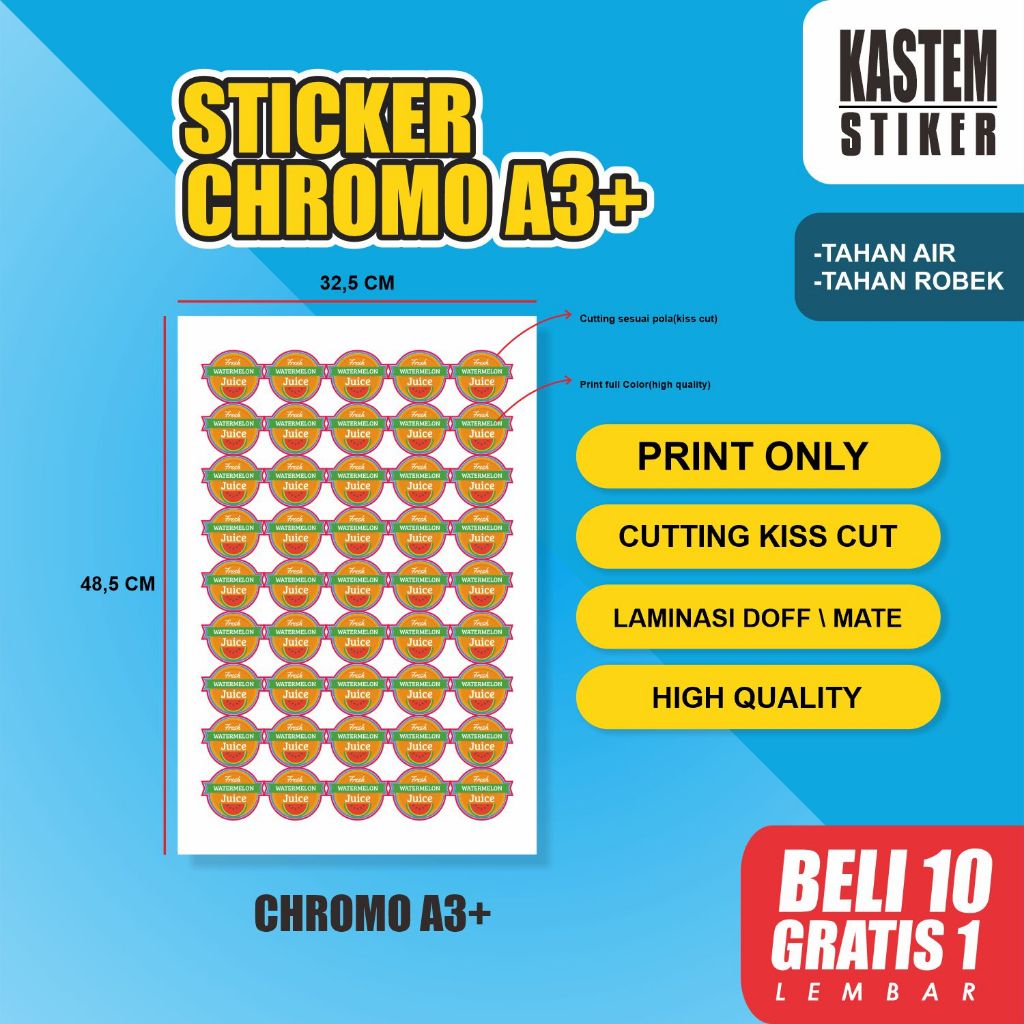 

Cetak Stiker Chromo A3+ Cutting sudah lminasi dan cutting sesuai pola Stiker Custom Desain Custom Ukuran Bahan Vinyl Hologram Vinyl Putih Vinyl Transparan Stiker Craft