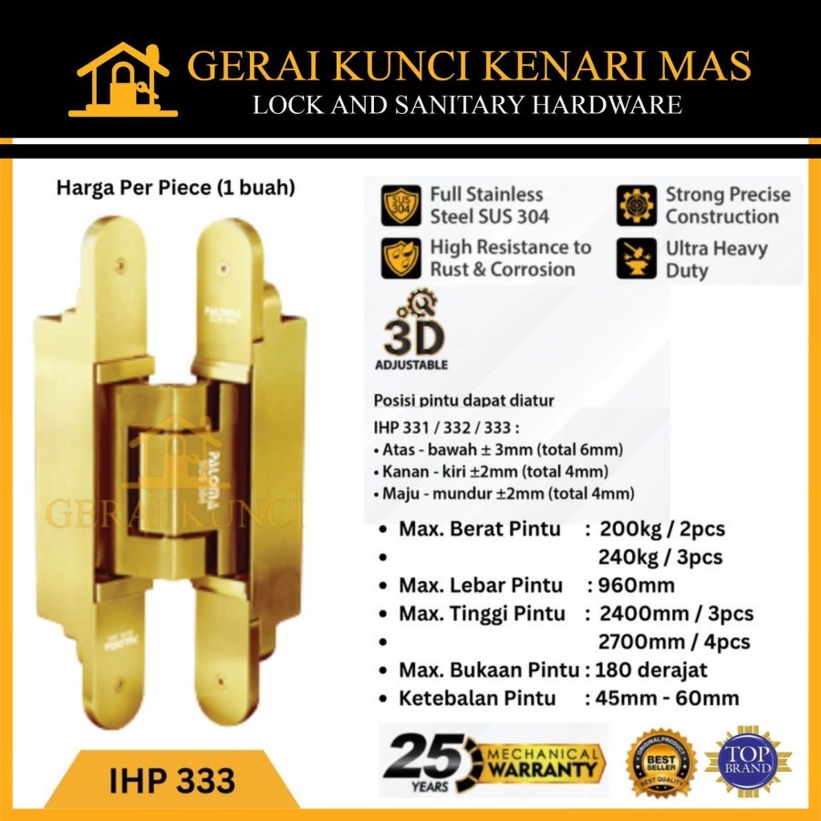 PALOMA IHP 333 ENGSEL TANAM PINTU CONCEALED INVISIBLE HINGE SATIN GOLD