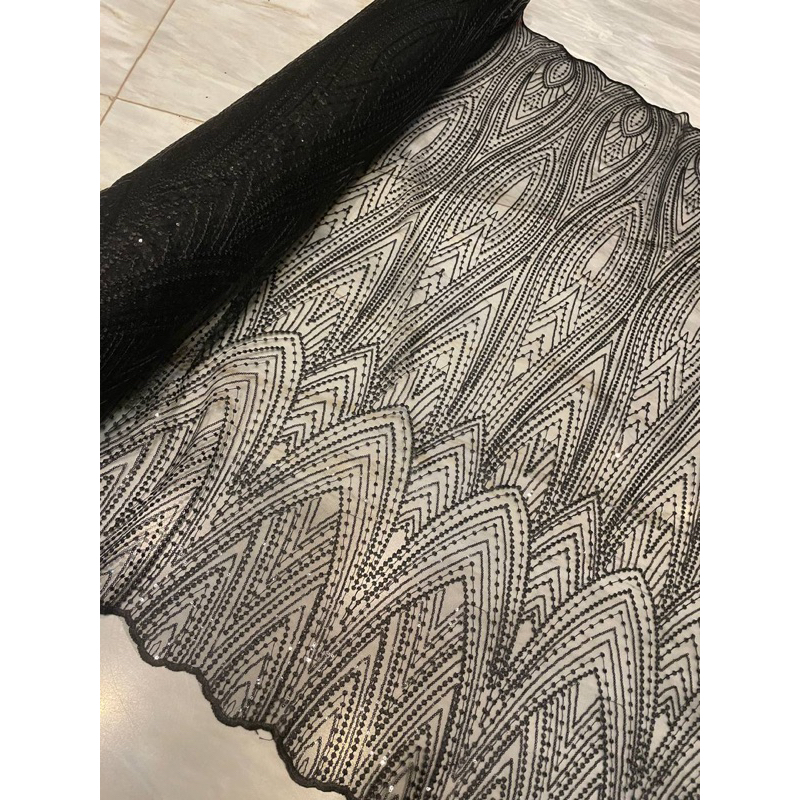 Bahan Kain Brukat Tile Bordir Payet Sequin Elie Saab Mewah Harga Per Setengah Meter Warna Hitam Blac