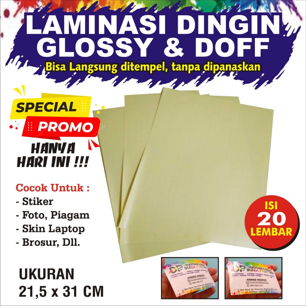 

PLASTIK LAMINATING DINGIN A4+ / A4 20 LEMBAR GLOSSY & DOFF