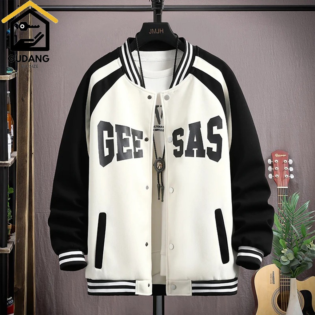 BOMBER VARSITY OVERSIZE GEESAS PUTIH HITAM HIJAU BOTOL JAKT PREMIUM KANCING