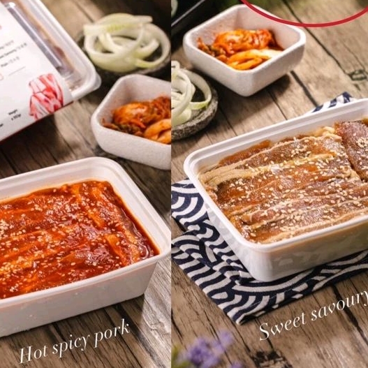 

Paket 2 box pork belly (Spicy + Sweet) Korean BBQ 550gr (total 1.1 Kg)by Kpork Medan