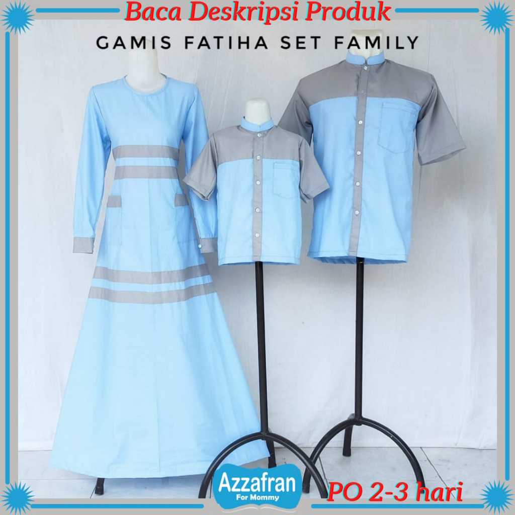 Gamis Fatiha Couple Biru Muda | Baju Katun Anak Perempuan & Dewasa Seragam Lebaran Toyobo Terbaru