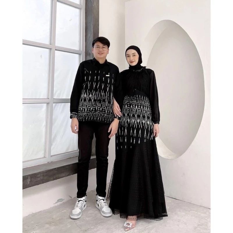 SET COUPLE CAMELIA DRESS & KEMEJA TENUN ETNIK TERBARU, BAJU KONDANGAN BAJU COUPLE LEBARAN KEKINIAN