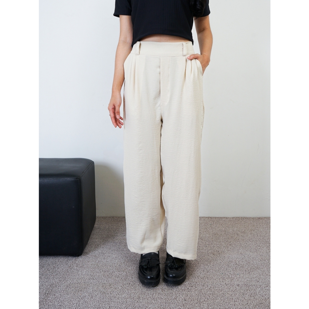 Tu.sara - Falisha kulot crinkle highwaist celana wanita panjang warna putih ivory anti kusut jenjang