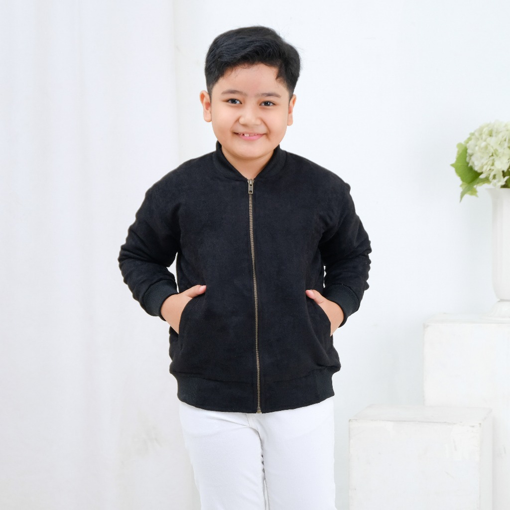 Brofash Jaket Bomber Kulit Suede Anak Laki Laki Umur 2 3 4 5 6 7 8 9 10 11 12 13 14 Tahun Hitam