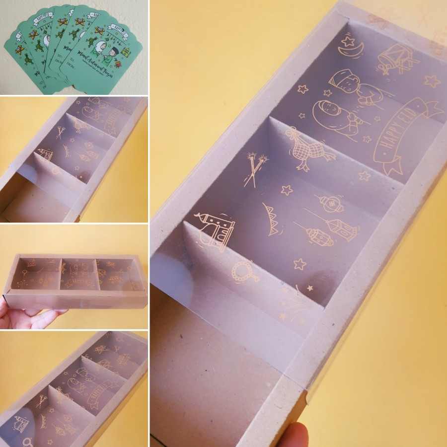 

( 5 pcs ) Kardus Mika Idul Fitri Sekat 3 Box Hampers Lebaran Dus Packaging Coklat Eid Mubarak Ukuran 7.3x7.4x4.5 cm