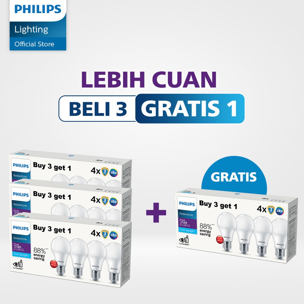 ART A17B Philips Paket Beli 3 Gratis 1 Multipack Radiantline 9W 65K