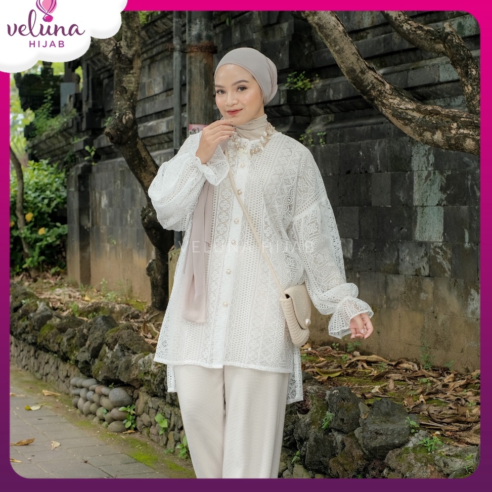 Veluna  Renica Outer  VOH111  Kardigan Brukat Putih Long Cardy Kondangan Wanita Dengan Kancing ART J