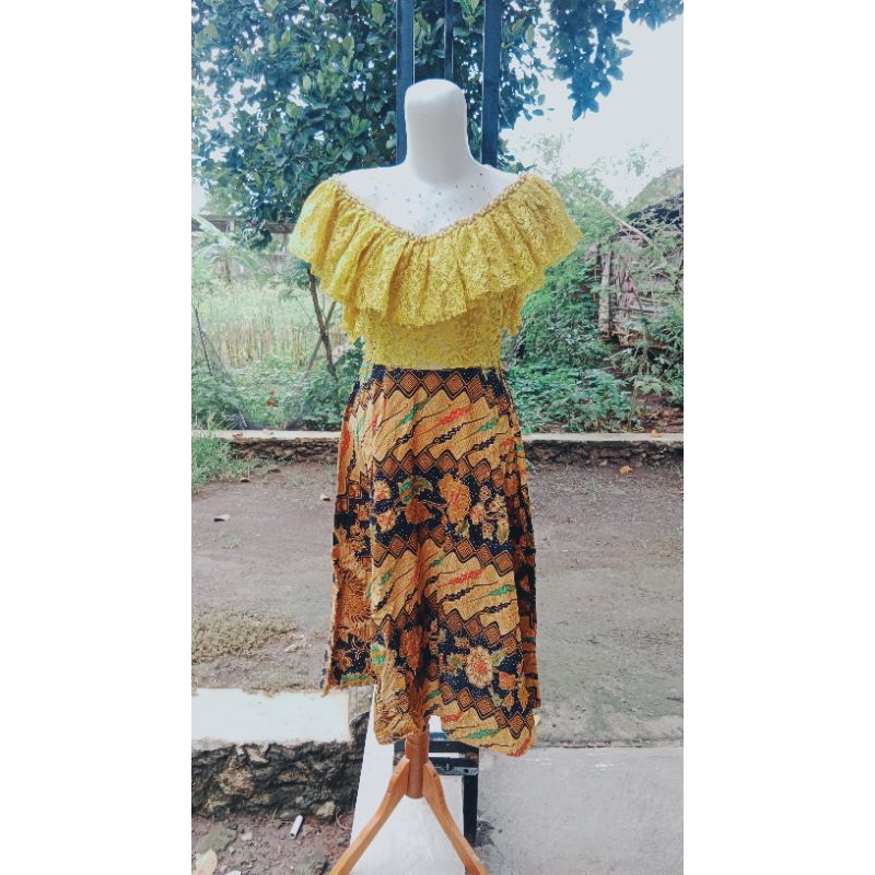 Ready Cuci Gudang Dress Gaun Batik Lime Mewah Pesta/Kondangan/Lamaran/Singer