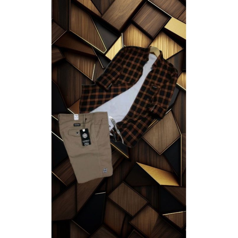 One Set Stelan Pria Terkini Kotak Kotak Kemeja Flanel Lengan Panjang Celana Pendek Pria Dewasa