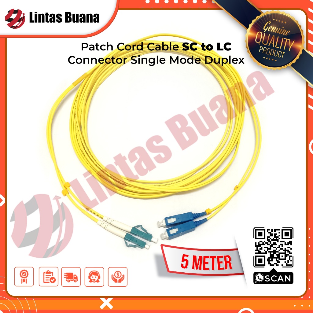 Patch Cord Cable 5 Meter SC upc to LC upc Connector Single Mode Duplex