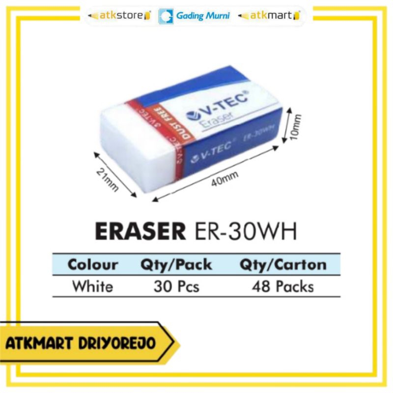 

(1 PACK) PENGHAPUS PENSIL TANGGUNG V-TEC ERASER ER-30WH WHITE ISI 30 PCS WARNA PUTIH