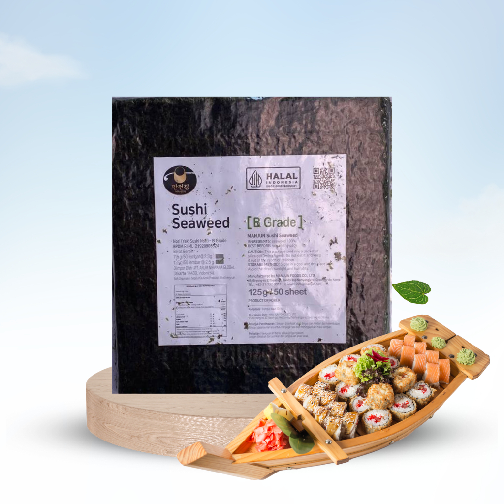 

Manjun Yaki Sushi Nori 1 pack 125gr - Manjun Nori Rumput Laut isi 50 Halal - Nori Sushi 50 Lembar